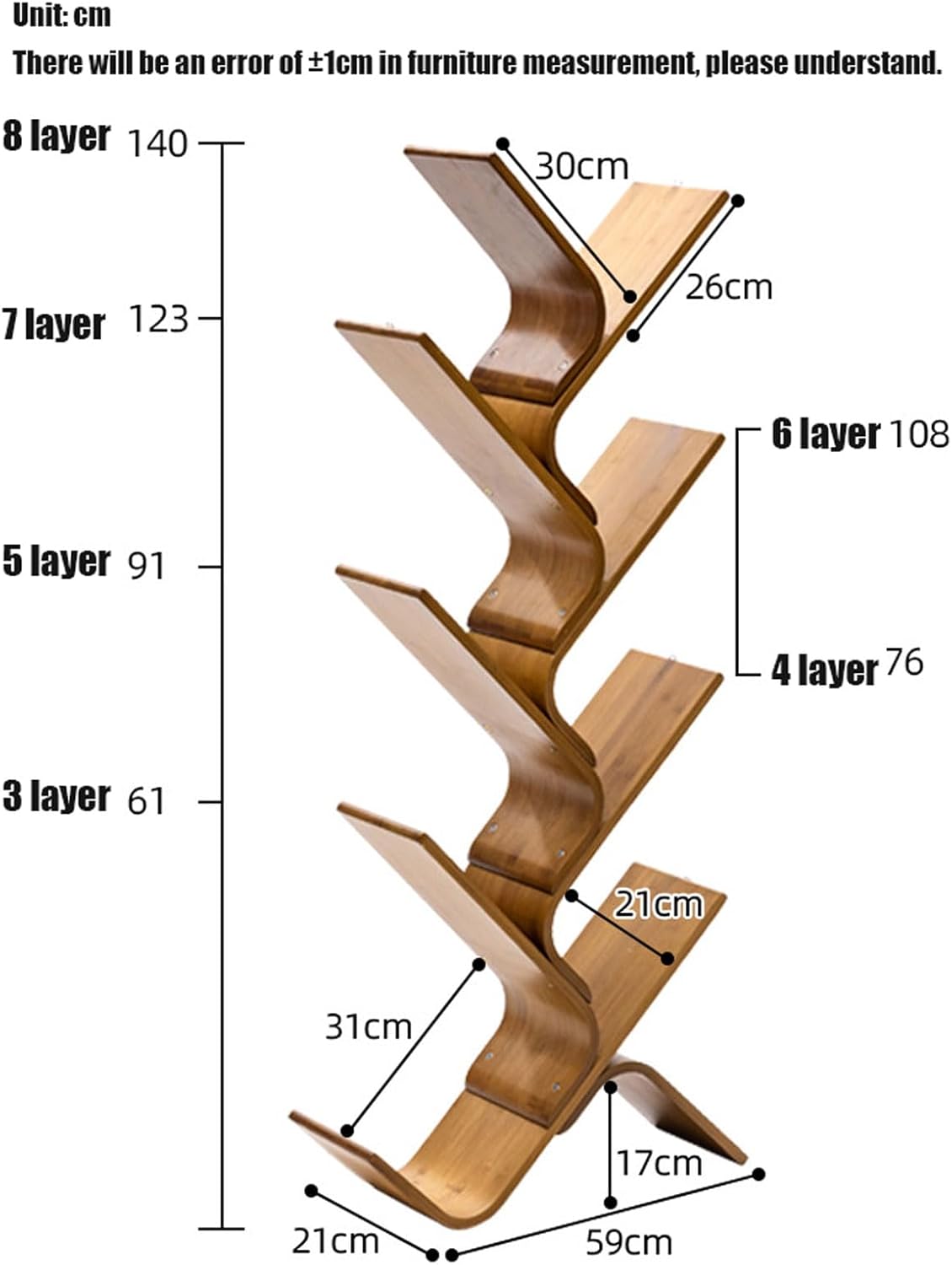 Floor Standing Bamboo Book Shelf, Modern Tall Tree Bookshelf, Small Corner Bookcase Narrow Bookshelves Organizer for Bedroom Living Room Home Office