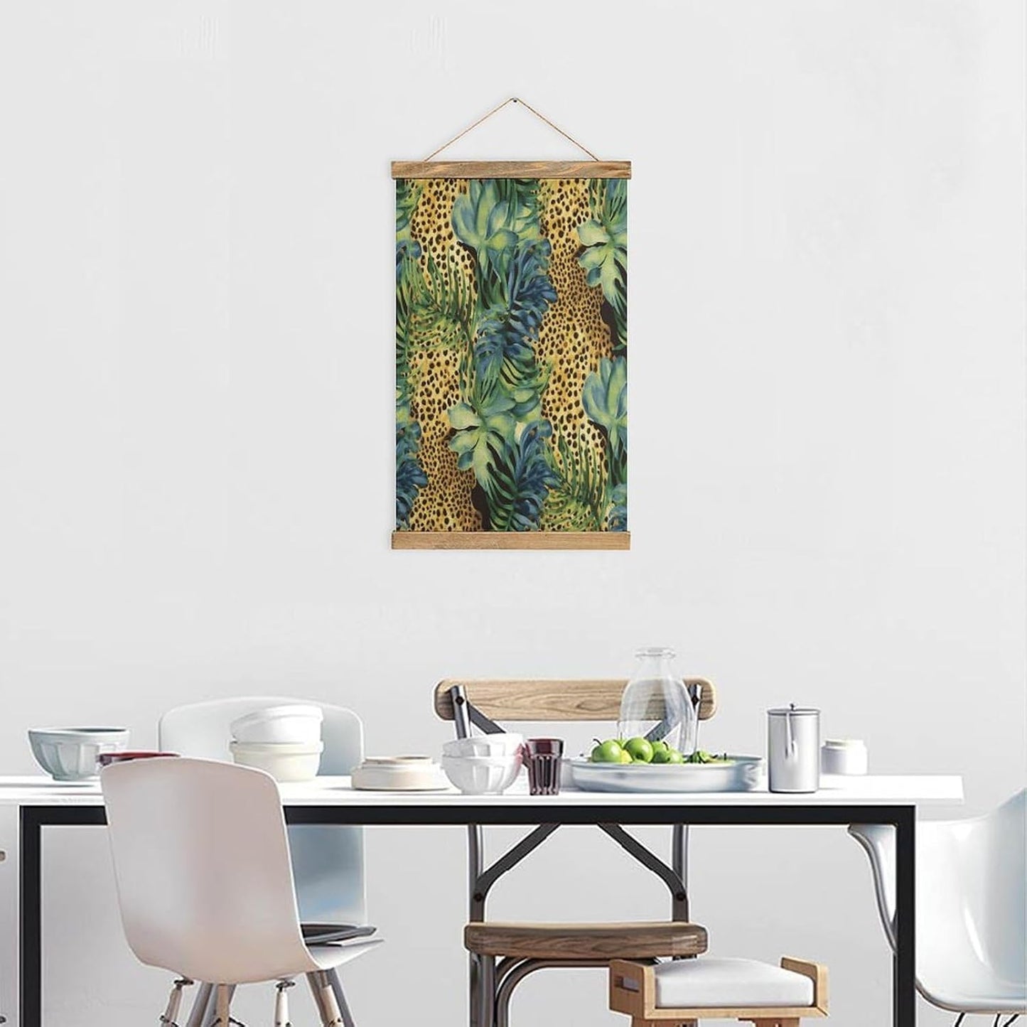 Vintage Print Animal Leopard Print Jungle Poster with Wooden Frame Personalized Linen Hanging Scroll Painting Rustic Wall Hanging Illustrative Modern Artwork Decor for Home Living Room Bedroom Office
