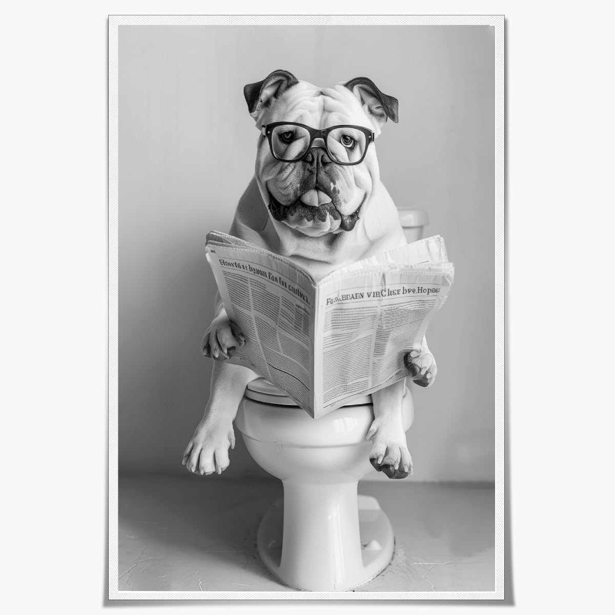 Funny Bathroom Wall Art Pitbull Sitting on Toilet Reading Newspaper Poster Black and White Animal Aesthetic Canvas Prints for Living Room Bedroom Wall Decor12x18inch Unframed