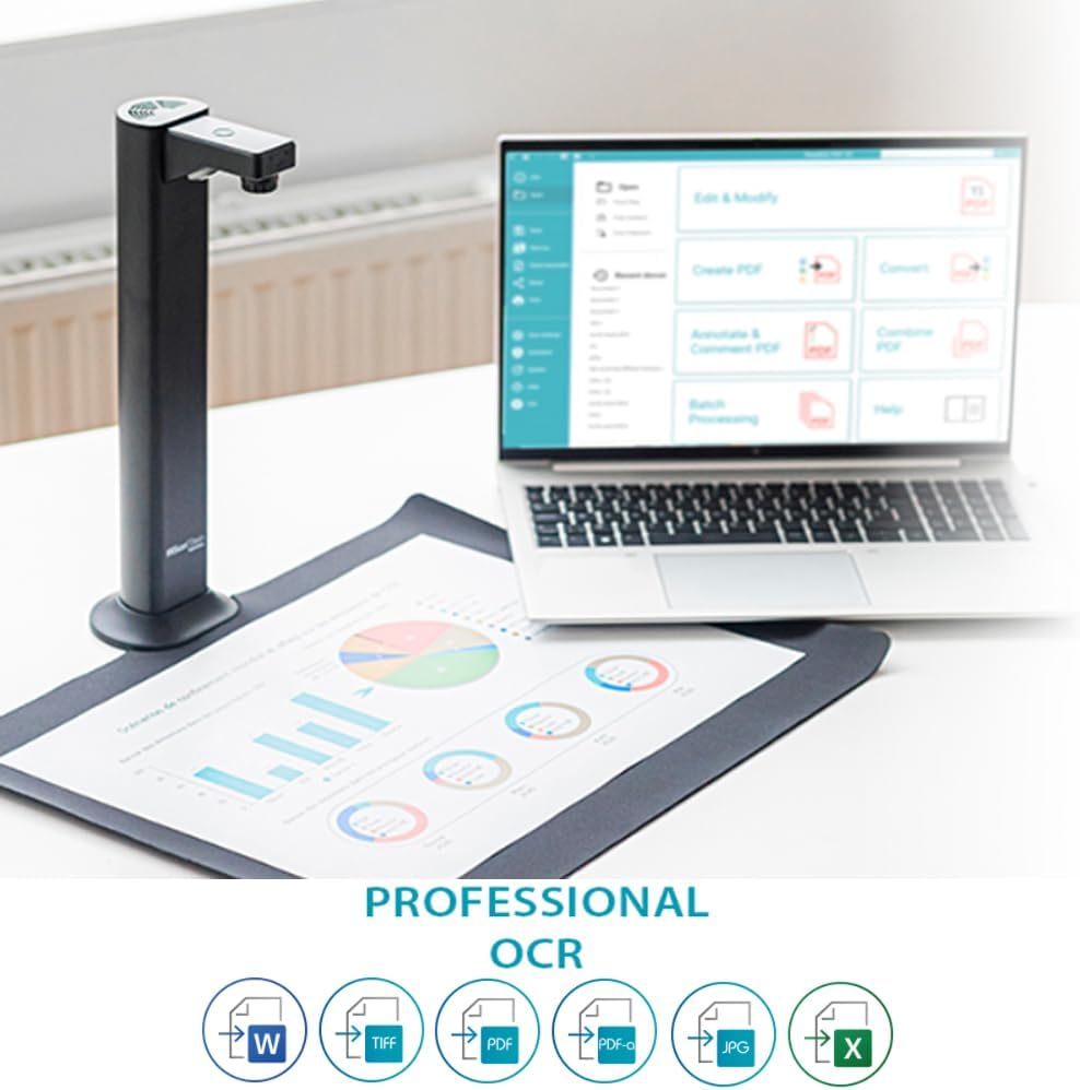 IRIScan Desk Document Scanner, Book Scanner - v7Bus:4K UltraHD,24MP, 600dpi,Portable Scanner,Visualizer,OCR, AI Flattening, Auto Scan, Erase Fingers, Free Readiris PDF Editor Win Mac