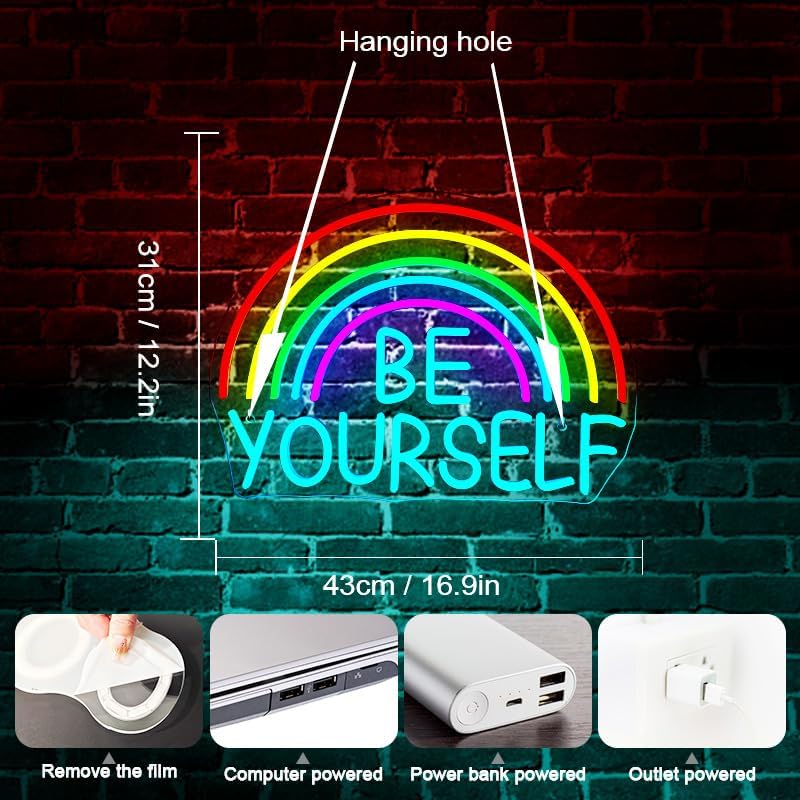WLHOPE Be Yourself Neon Sign Be Yourself Neon Signs for Wall Decor Rainbow Neon Lights Classroom LED Light Up Sign for Bedroom Bookstore Reading Room Library Study Room Decoration