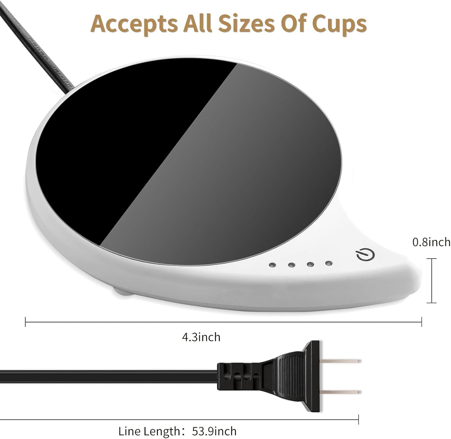 Coffee Warmer for Desk, Touch Control Mug Warmer, 4 Temperature Settings Up to 144℉, 4.3-inch Plate for Glass Cups, Mugs, Teapots, 59-inch Cord, Ideal for Office and Gifts