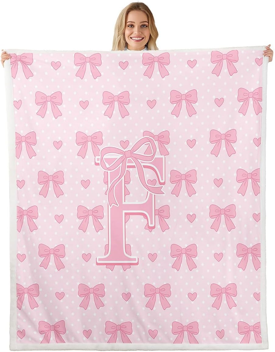 Feelyou Cute Pink Bow Sherpa Throw Blanket for Couch Monogrammed Super Soft Cozy Fleece Personalized Initial F Blanket Plush Throw Kawaii Coquette Bow Knot Baby 30"x40" Dreamy Princess Style
