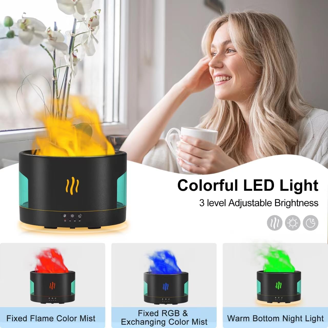 Oil Diffusers for Home large Room, 450ml Visible Water Tank, Air Diffuser Humidifier with Bluetooth Speaker, White Noise and Remote, Flame Humidifier for Bedroom,Office, 7 Colors Diffuser Gifts