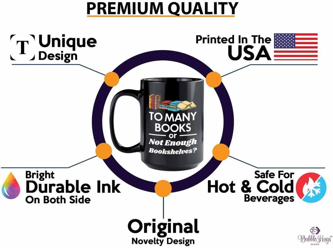 Reading Coffee Mug 15oz Black - To Many Books - Reader Gift Bookworm Owl Lover Cat Lover Book Lover Novelist Librarian Writer