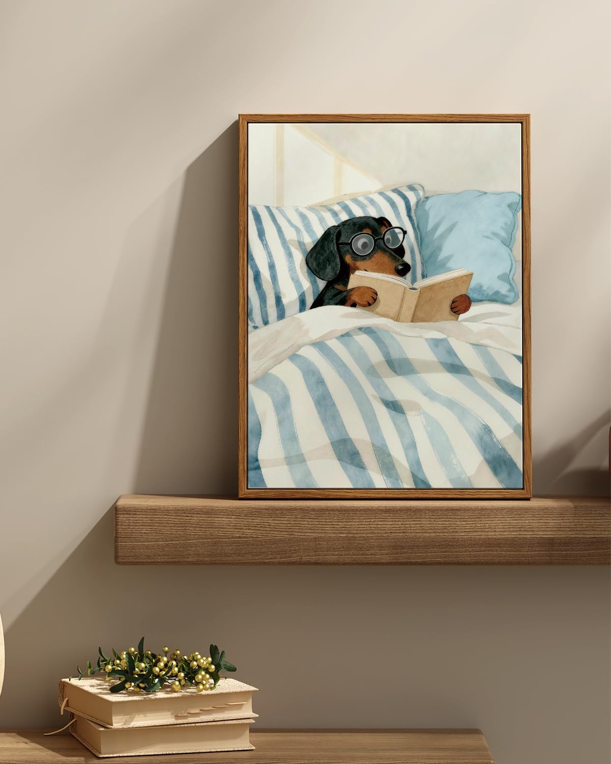 InSimSea Framed Wall Art for Bathroom, Canvas Vintage Funny Bathroom Wall Art Home Decor Aesthetic, Animal Dog Artwork Picture Painting, Neurtal Prints Pictures, Cozy Reading Pup 16L x 12W