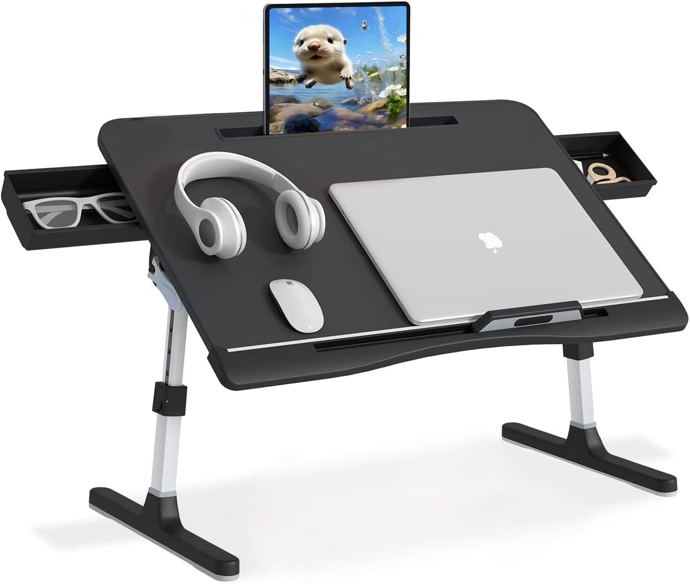 Bed Desk for Laptop, Adjustable Lap Desk with 2 Storage Drawers, Premium PVC Leather, Foldable Laptop Table for Eating, Working, Writing and Drawing