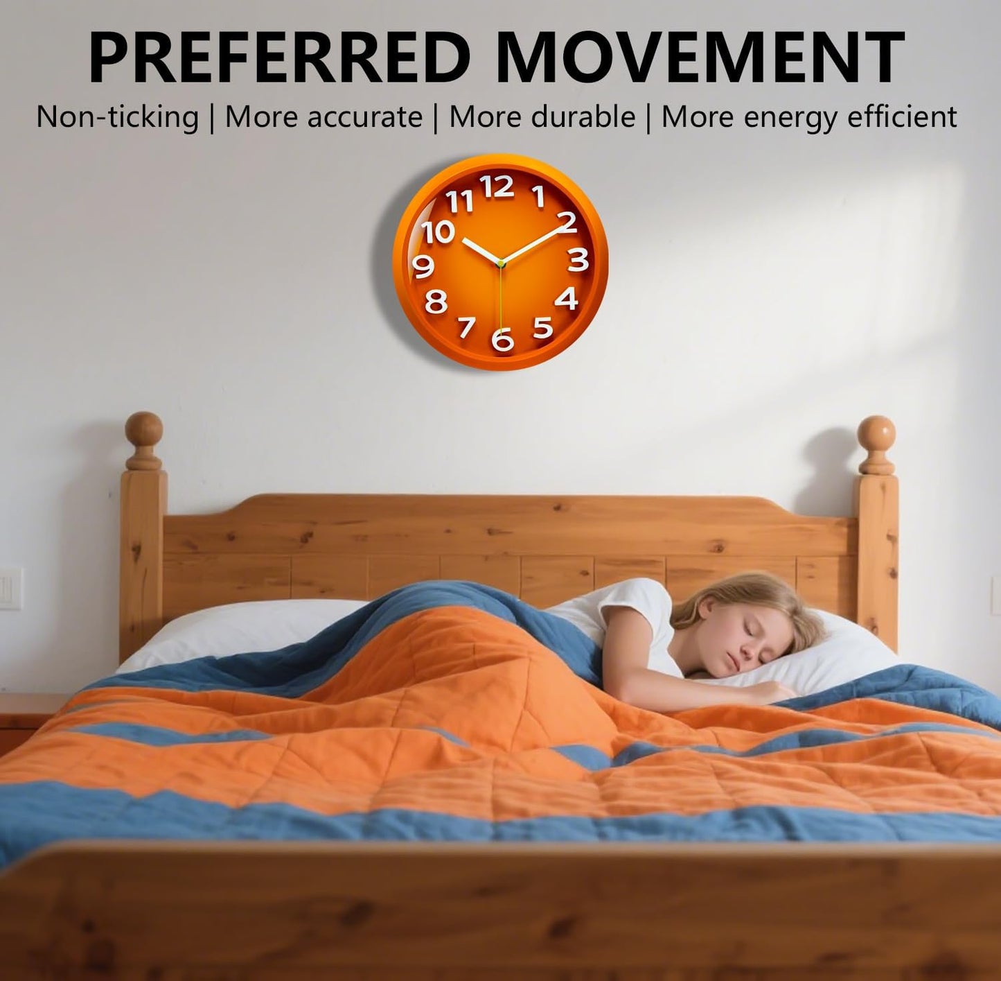Wall Clocks Battery Operated - 11 Inch Silent Non Ticking 3D Numbers Easy Read Analog Clock with 2 Hooks Premium HD Glass Clocks for Living Room Bedroom Kitchen Gym Outdoor Decor, Orange