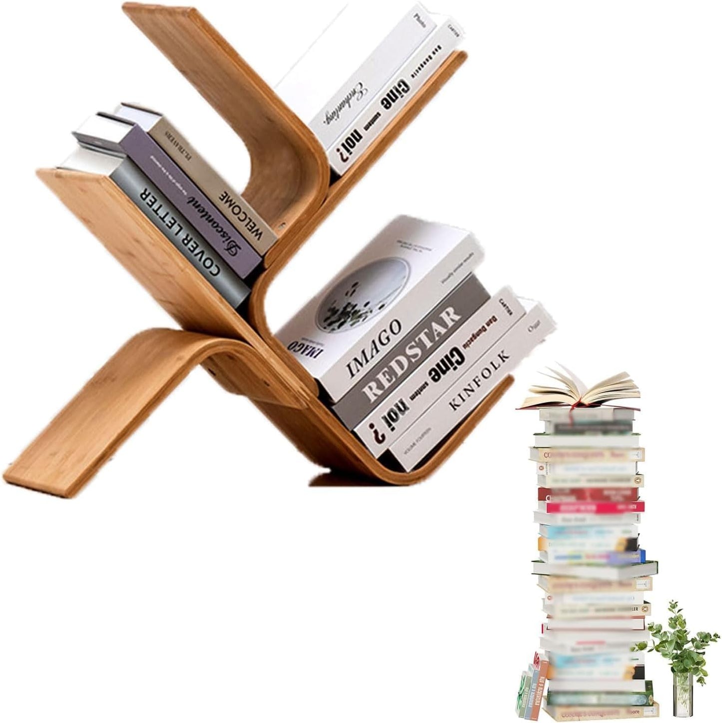 Floor Standing Bamboo Book Shelf, Modern Tall Tree Bookshelf, Small Corner Bookcase Narrow Bookshelves Organizer for Bedroom Living Room Home Office