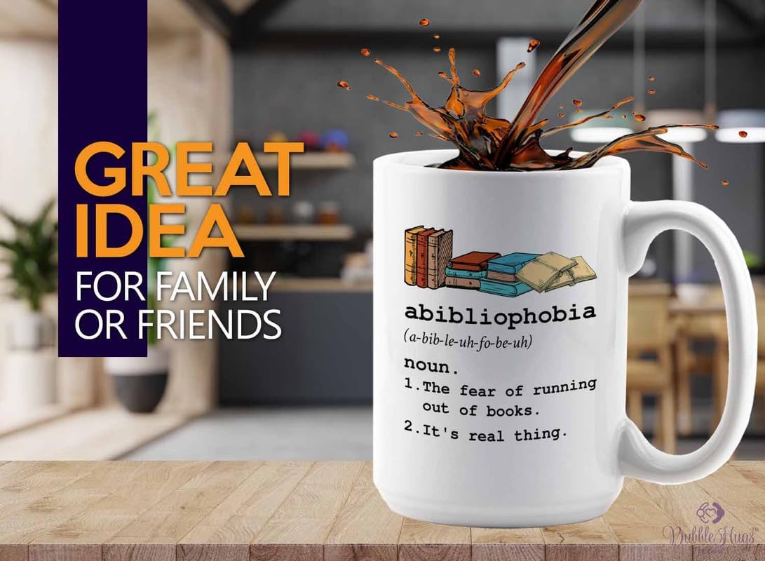 Reading Coffee Mug 15oz White - Abibliophobia Definition - Reader Gift Bookworm Owl Lover Cat Lover Book Lover Novelist Librarian Writer