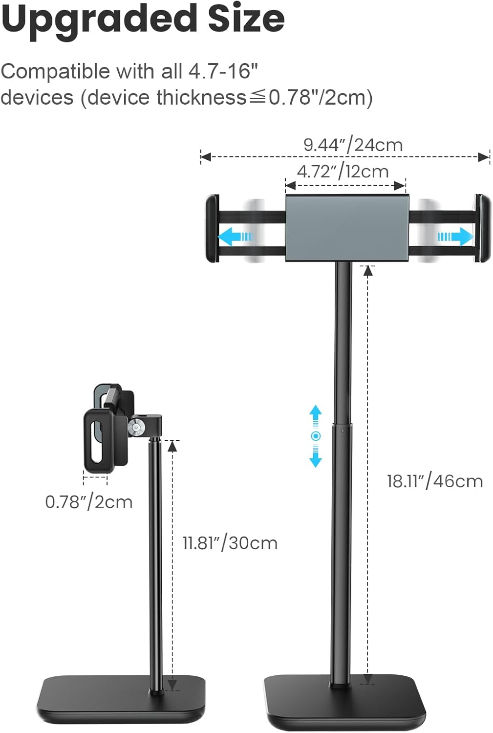 tounee Tablet Holder Stand, Portable Monitor Stand- 4.4lb (2kg) Holding Strength, Height Adjustable Up to 18.11" Compatible withs iPad, Kindle, Portable Monitor, All 4.7"-16" Devices - Black