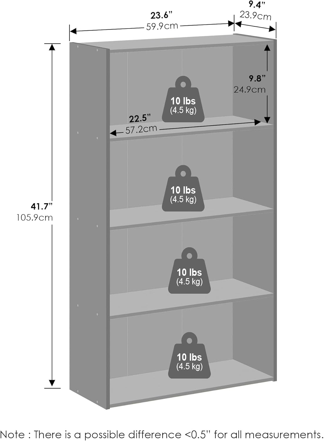 Furinno Simple Book Shelf, 4-Tier Bookshelf, Bookcase with Open Shelf, 9.4 x 23.6 x 41.7, for Living Room, Bedroom, Home Office, French Oak