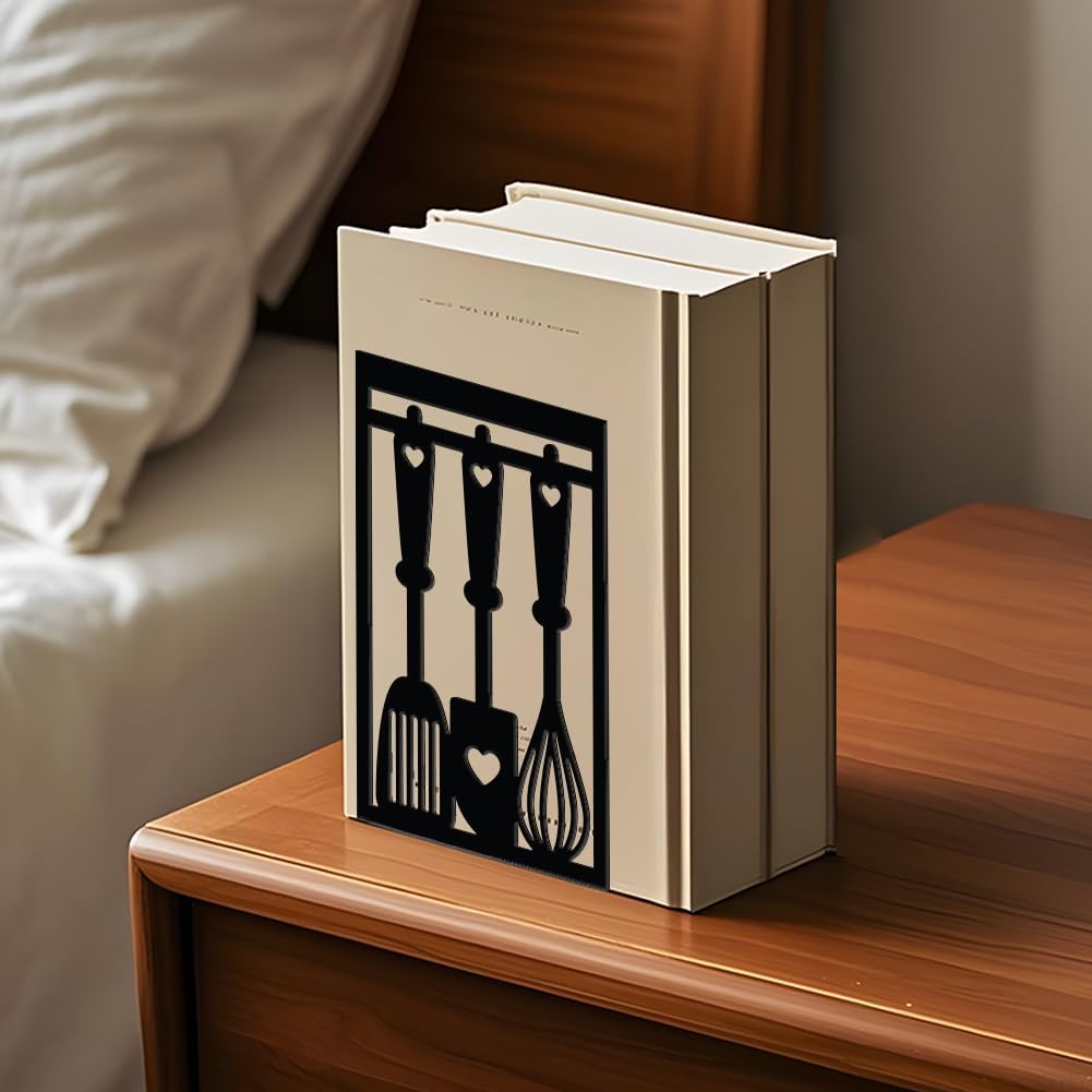 WADORN Kitchen Book Ends, Heavy Duty Decorative Book Ends for Shelves Metal Bookends Stopper Holder Stand Black Non-Skid Book End for Cookbook Cooking Lover Gifts for Desk Bookshelf Office Home