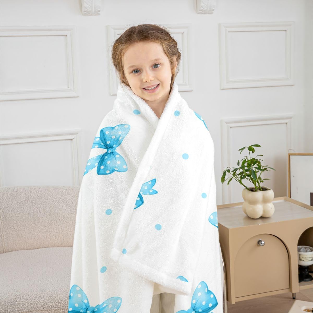 Feelyou Blue Polka Dot Bow Sherpa Throw Blanket for Couch Bowknot Super Soft Cozy Fleece Kawaii Bow Tie Blanket for Winter, Plush Throw Princess Decor Throw 50"x60" All Season