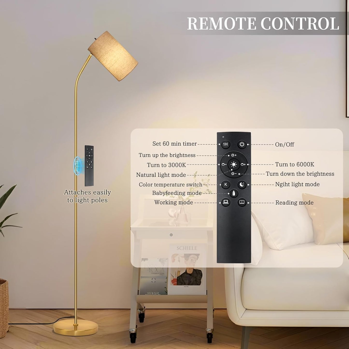Gold Floor Lamp for Living Room with Remote,Remote Custom Color Temperature & Brightness, Stepless Dimmable Bulb Included,Tall Stand Reading Lamp for Living Room Bedroom Office(Beige/Gold)