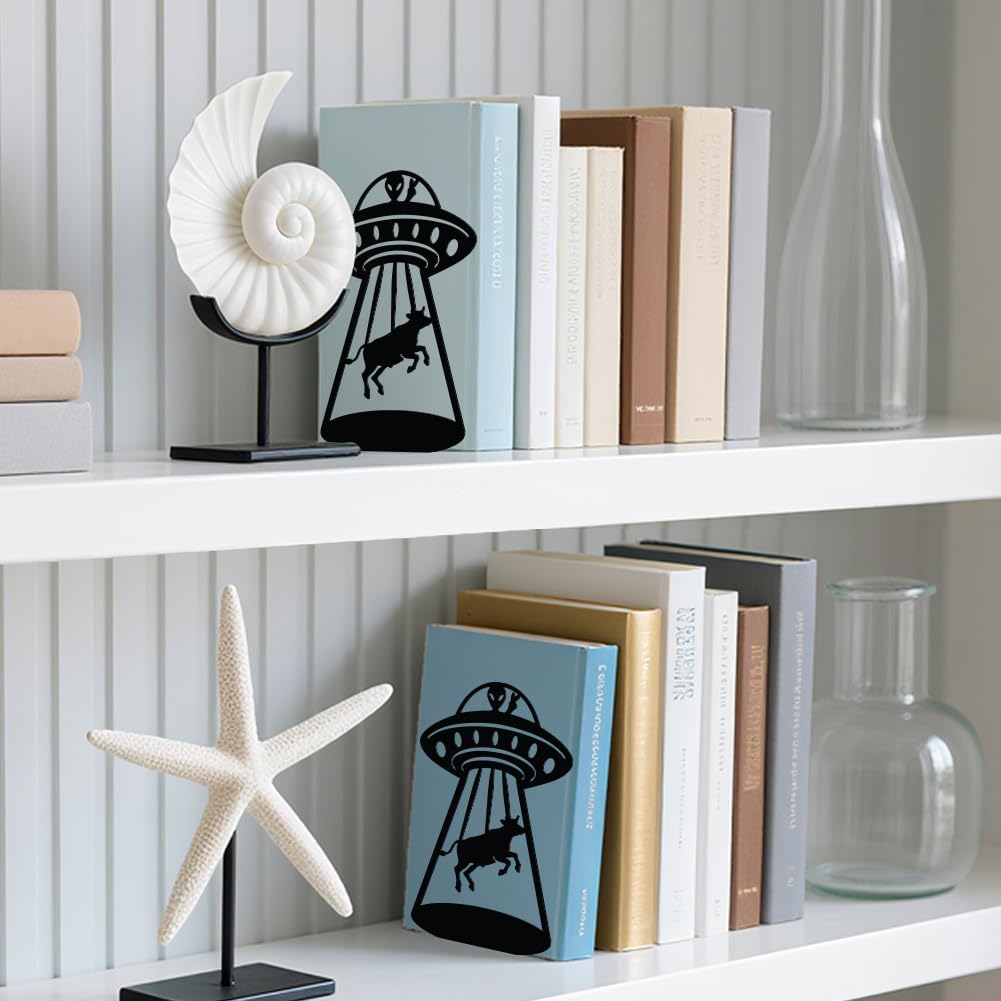 WADORN 1 Pair Alien UFO Cow Metal Decorative Bookend for Shelves, Heavy Duty Book Ends Modern Non-Skid Books Holder Stand Black Book Support Stoppers for Desk Bookshelf Office Home, 5.3x4.3x7.8 Inch