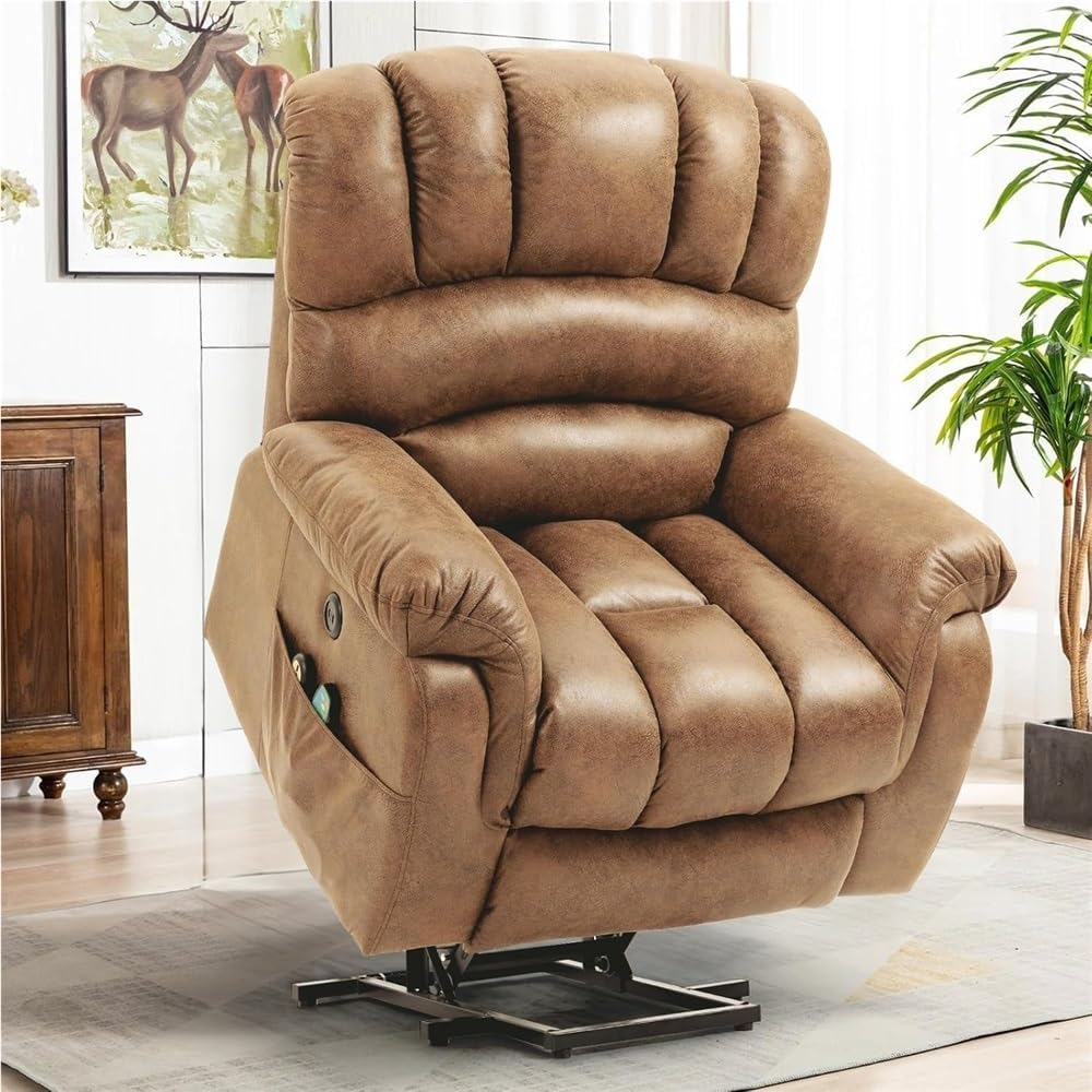 Oversized Power Lift Recliner for Tall Men – Dual Motor Electric Recliner Chair with Extended Footrest, Heat & Massage, Wide Seat, Side Pockets, USB Port, and 2 Remotes for Living Room