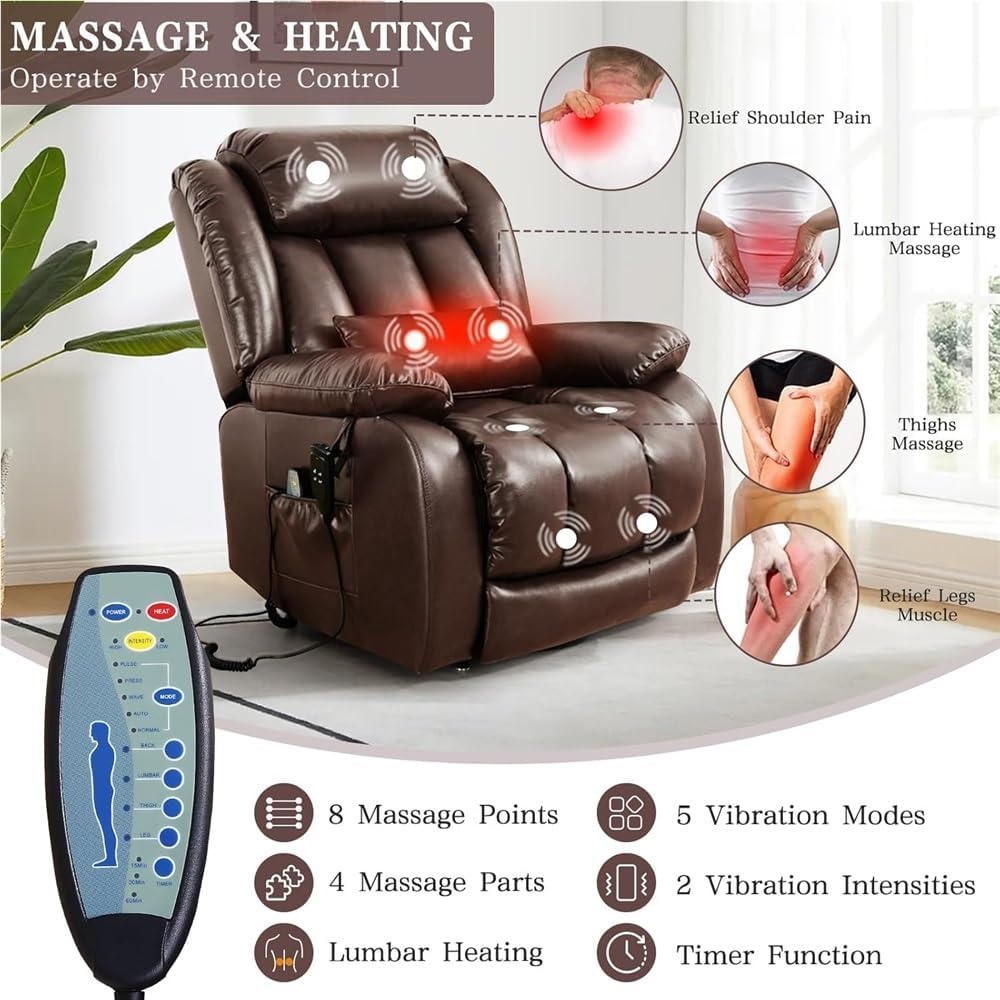 Leather Power Lift Recliner Chair for Elderly, Dual Motor Infinite Position Lay Flat Recliner with Massage & Heat, Extended Footrest, Remote Control, Lumbar Support