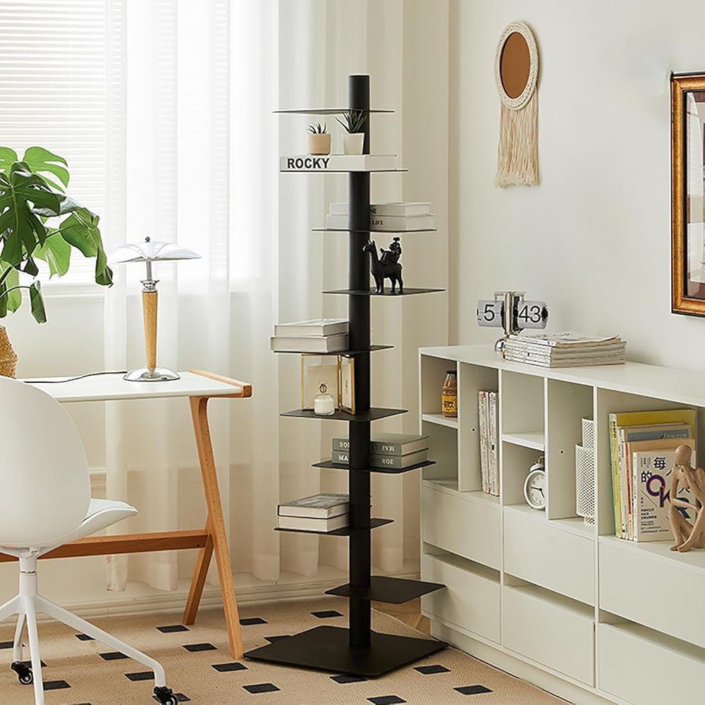 Modern Invisible Bookshelf, Tall Metal Book Tower, 9-Tier Vertical Storage Rack, DIY Nordic Floor-Standing Bookcase for Home Office - Black Metal Display Shelf