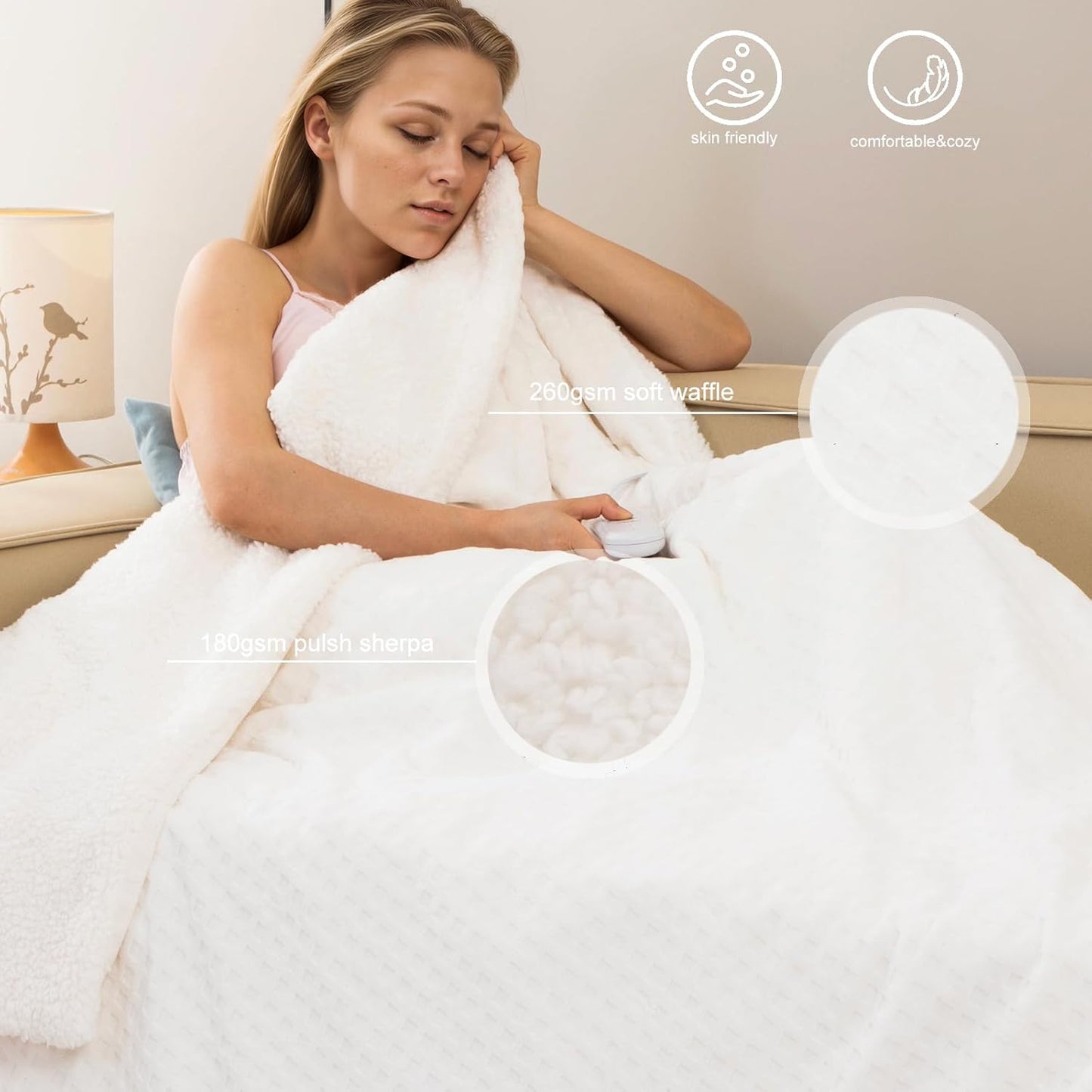 Dowin Electric Blanket Full Size - Heated Waffle Fleece Heating Warming Blankets with Auto Shut Off for Couch Office Chair Bed Adults Fuzzy Cozy Machine Washable 72x84 Beige
