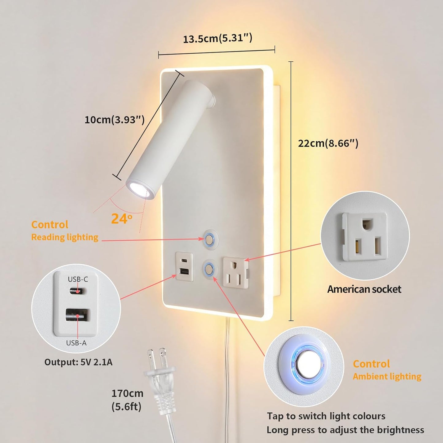 Dimmable Plug in Wall Sconce with Touch Switch,Headboard Bedside Wall Lamp,Multifunction Wall Light with USB C+A Ports,Adjustable Wall Mounted Reading Light,3 Color Temperature(White)