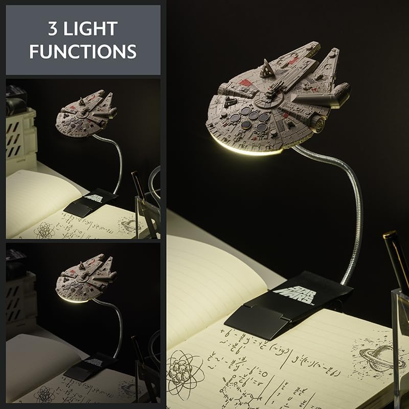 Star Wars Millennium Falcon Clip On Book Light - Officially Licensed Disney Reading Light, Clip Lamp Design with Flexible Cable, Featuring Iconic Han Solo Spaceship, 3 Light Modes, Battery Powered | P