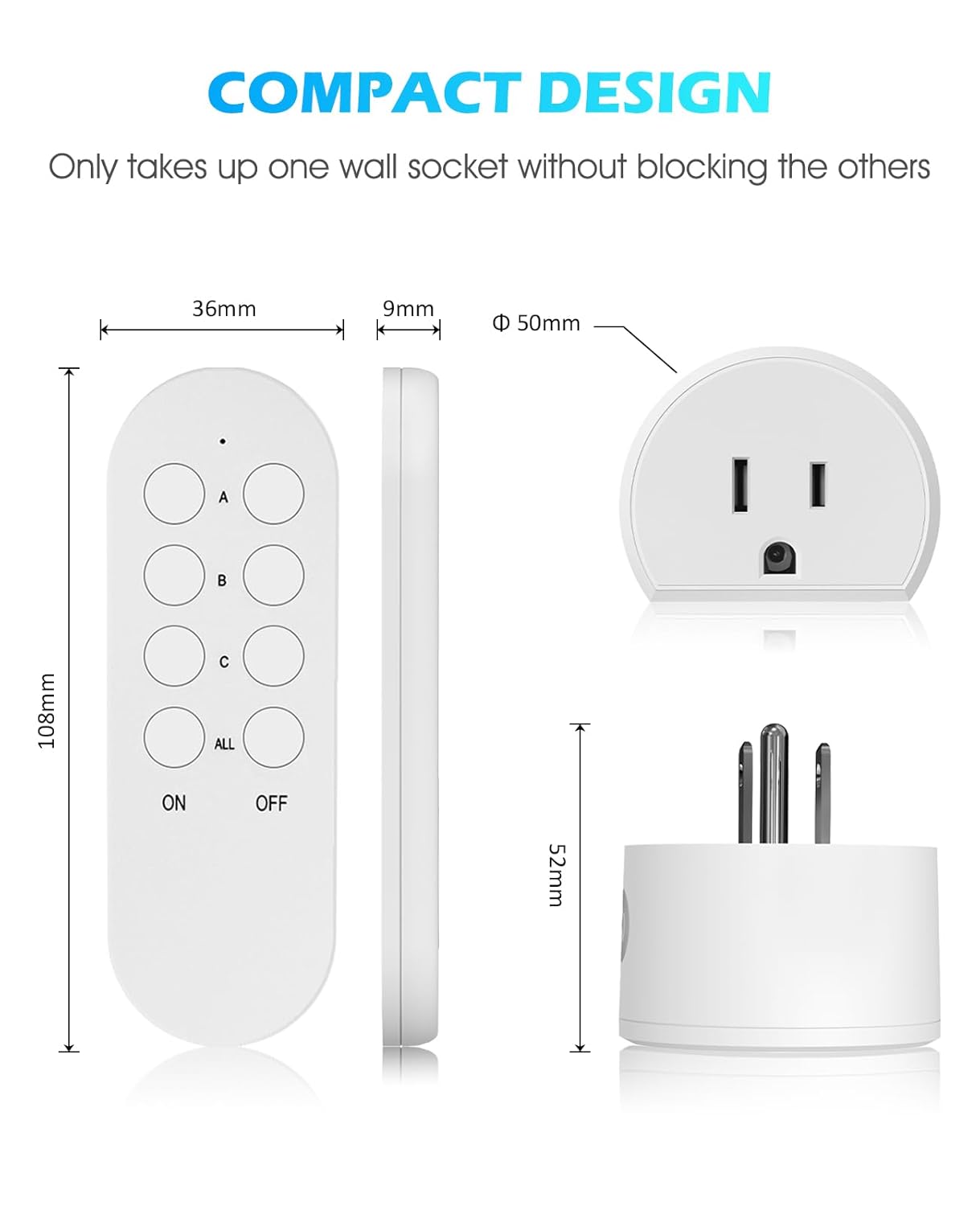SURNICE Mini Remote Control Outlet, 10A Wireless Light Switch Plug for Household Appliances, Up to 130 FT Long Range, FCC and ETL Listed