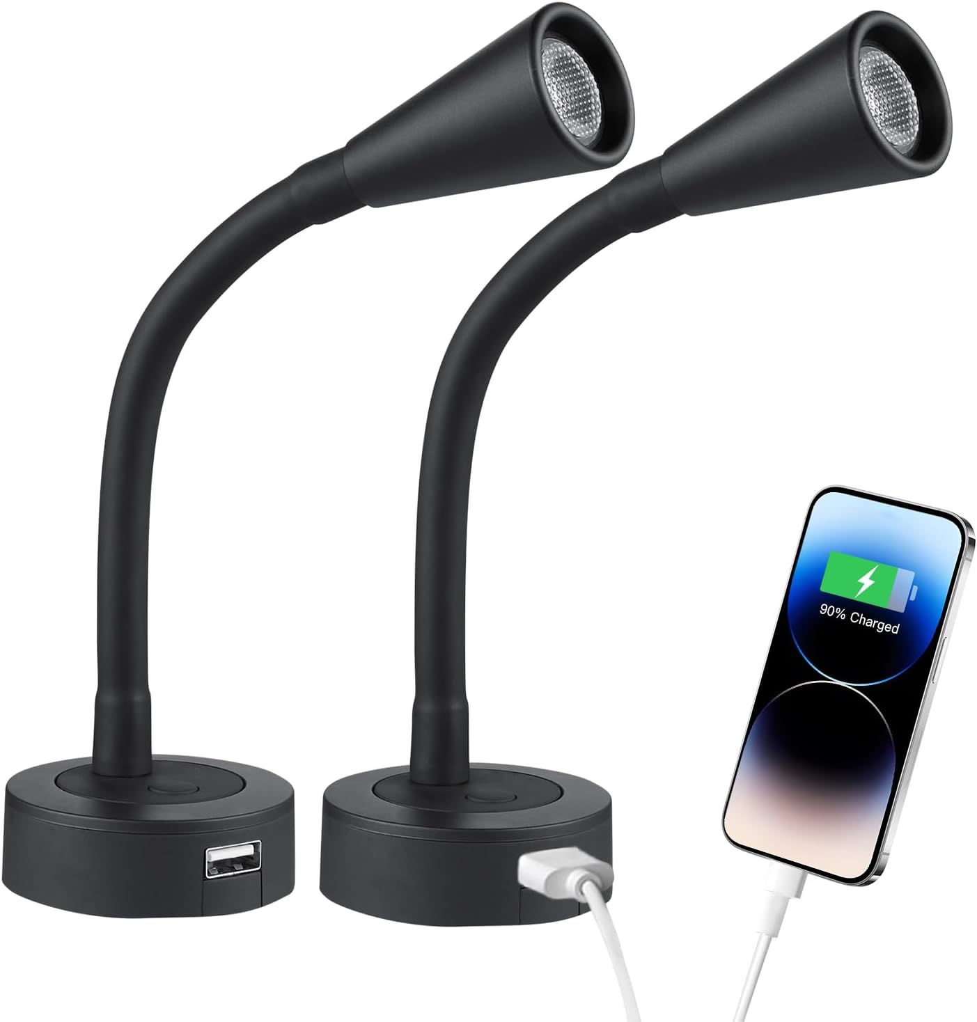 Acegoo 12V LED Reading Light RV Dimmable Reading Lamp with USB Charger 12 Volt Flexible Neck Light for Boat Camper Van Trailer Interior Lighting, Hard-Wired Surface Mount, 2-Pack