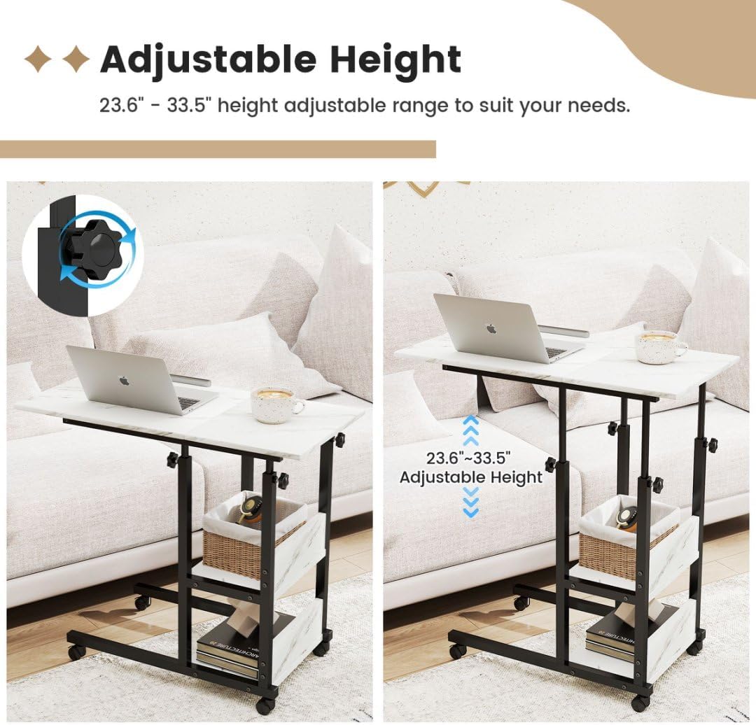 C-Shaped End Table with Charging Station — Tiltable, Height-Adjustable, Wheeled, Over-Bed Laptop & Drawing...