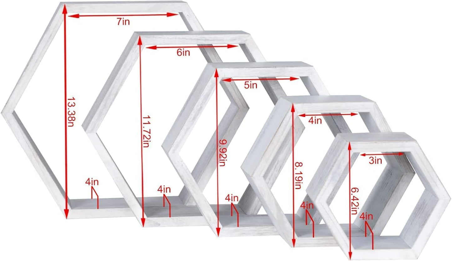 PHOENANCEE Hexagon Floating Shelves,Wall Mounted Wood Farmhouse Storage Honeycomb Wall Shelf Set of 5,for Bathroom, Kitchen, Bedroom, Living Room,Office,Driftwood Finish (Weathered White)