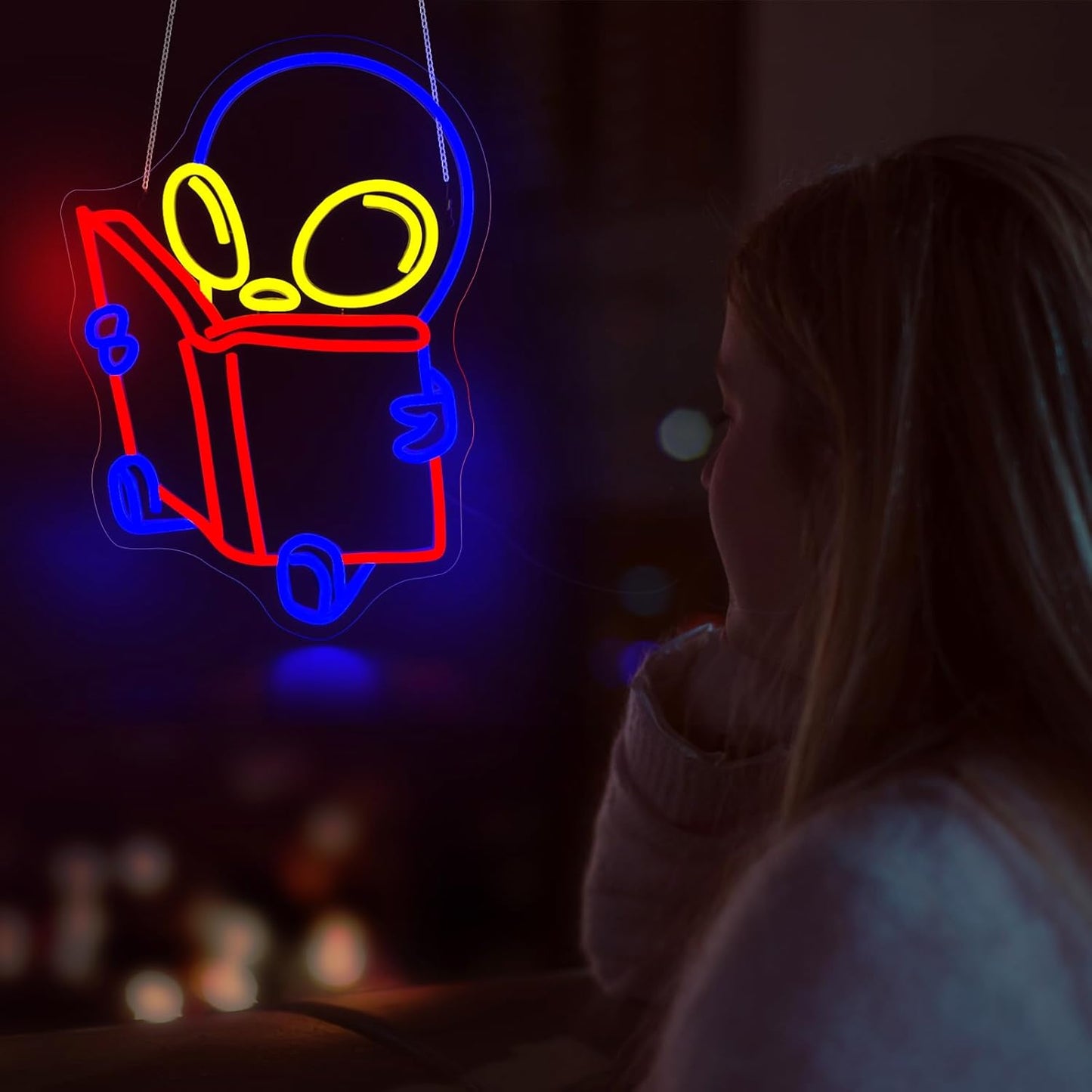 Alien Reading Book Neon Sign, Neon Signs for Wall Decor Neon LED Signs Room Neon Light Up Signs Home Decor