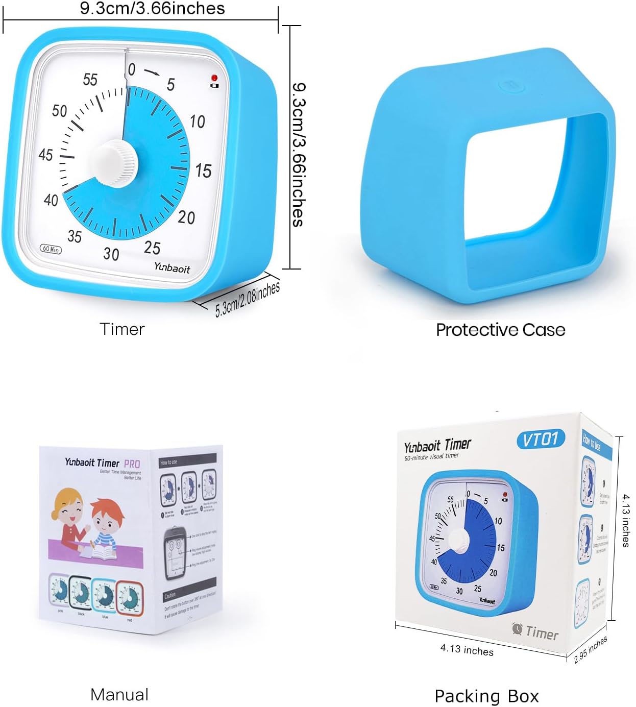 Yunbaoit Upgraded Visual Timer with Protective Case 60 Minute Countdown Timer for Kids with Low Power Indicator Light Clock Time Management Tool (Blue Blue)