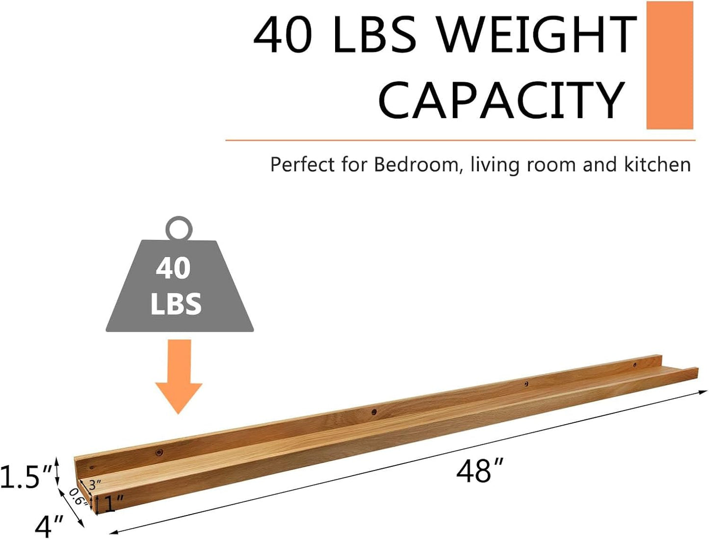Long Floating Shelf 48 Inch Natural Wood Shelves, Rustic Display Books Picture Ledge Shelf for Wall Mounted, Natural Solid Oak Wood Shelf, Easy to Install, Natural Color, 48 *4 *1.5 (1 Pack)