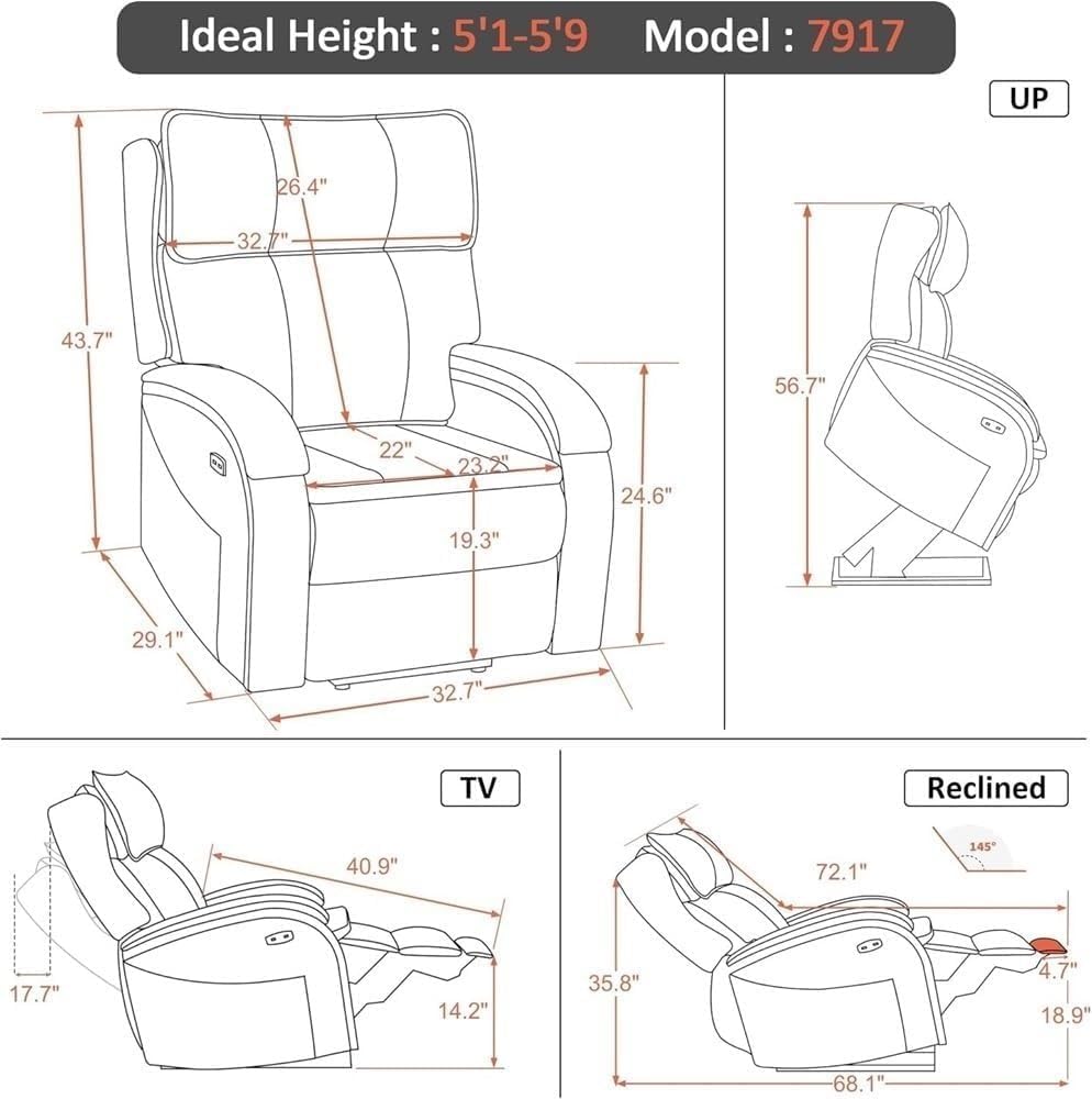 Ergonomic Electric Power Lift Recliner Chair for Seniors & Adults with Heated Massage, Adjustable Headrest, USB Ports, Side Storage Pockets, Comfortable Leather Lounge Sofa for Living Room