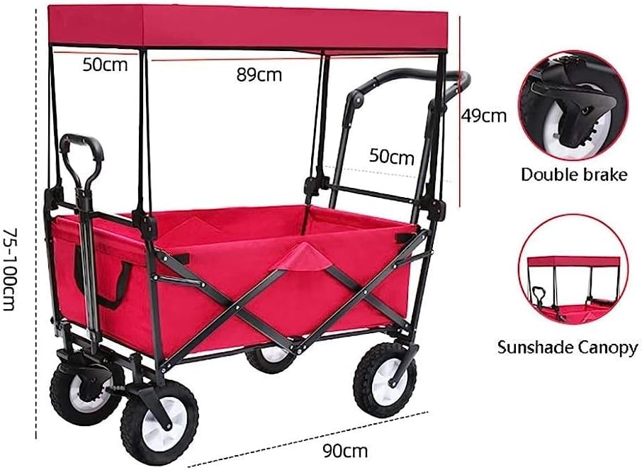 Handcart, Household Folding Garden Trolley Cart Heavy Duty Wagon with Canopy Multi-Function Shopping Cart for Outdoor Camping Beach Pull Truck with 4 Wheels, Load 80Kg