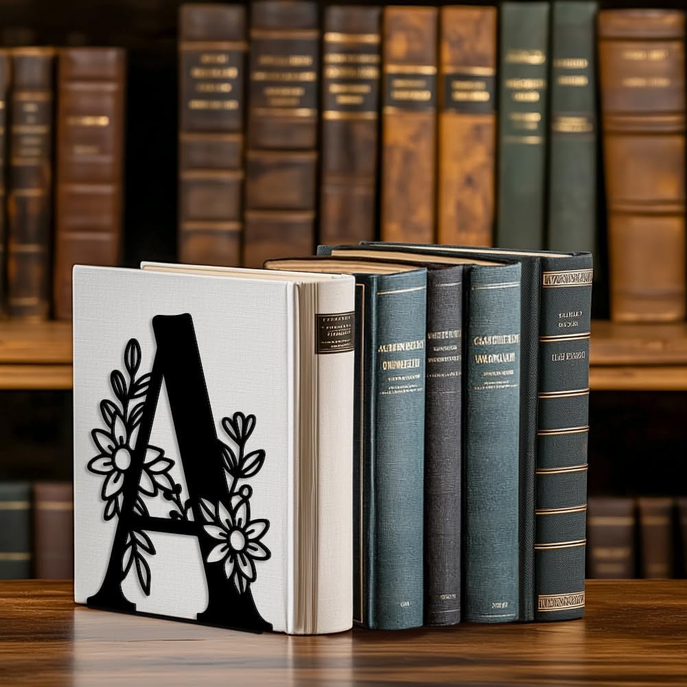 Peacoblue Metal Bookends for Shelves, Modern Decorative Heavy Duty Study Book Ends Stoppers for Office, Desk, Shelf, Room 5.3"x4.3"x7.1" Cast Iron Simple Tall Bookends 1 Pair (Letter A with Flower)