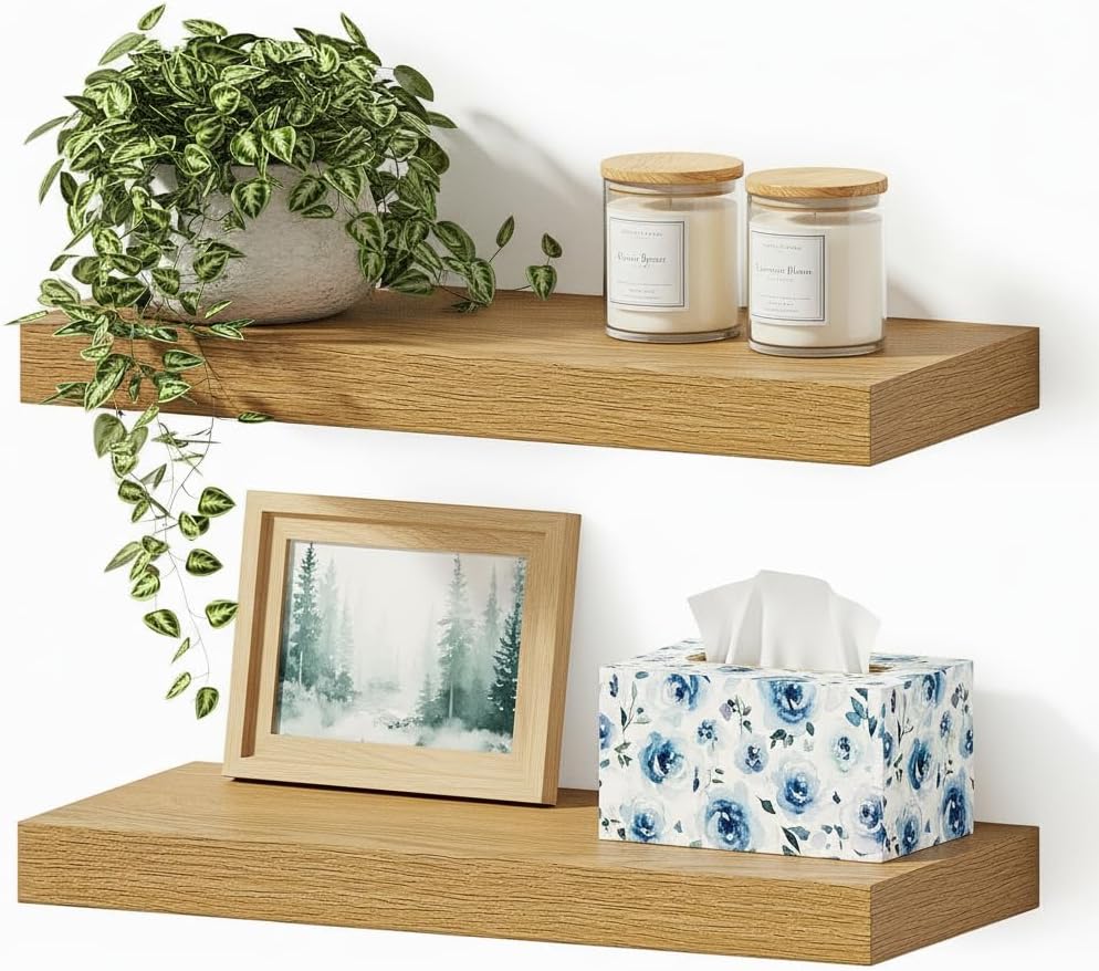 Vivelove Floating Shelves for Wall Mounted, 16 inchs Shelf for Small Bathroom, Bedroom, Living Room, Kitchen, Modern Home Decor, Rustic Farmhouse Wall Shelves with Invisible Brackets - Set of 2, Oak