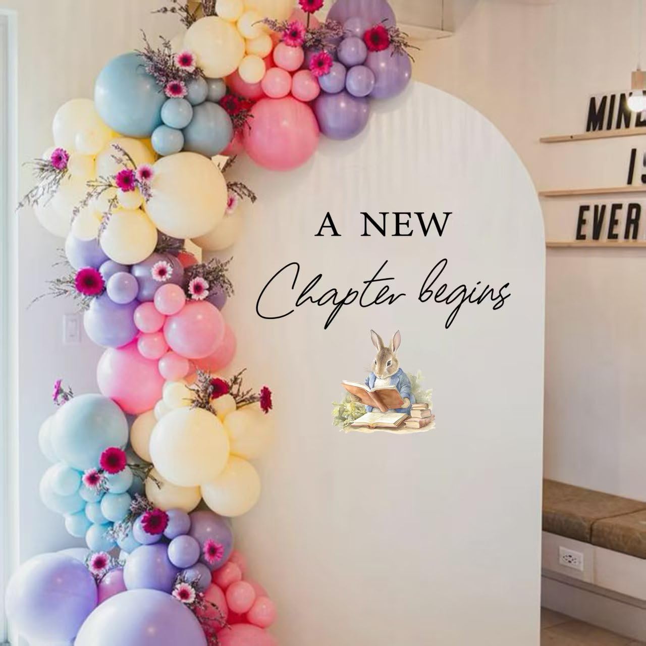 A New Chapter Begins Wall Decal - Spring Easter Party Bunny Stickers, Cute Rabbit Reading Theme Decorations for Baby Shower（Black)