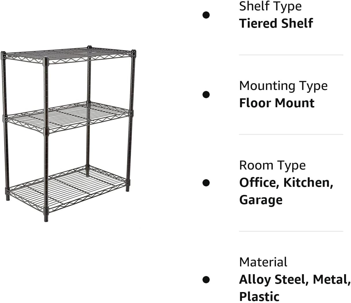 Amazon Basics 3-Shelf Adjustable Heavy Duty Steel Wire Rack Storage Shelving Organizer with Storage Space, Versatility and Ease of Use for Kitchen, Garage, 23.2" L x 13.4" W x 30" H, Black