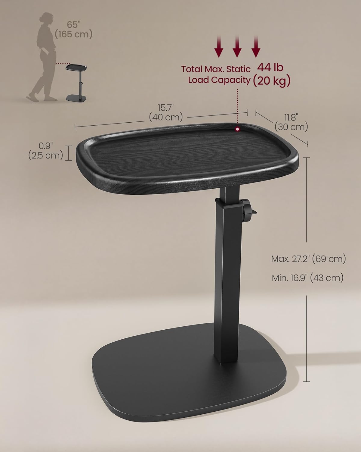 VASAGLE Couch Table, C-Shaped Sofa Side End Table, Bedside Table, Adjustable Height, for Small Spaces, 11.8 x 15.7 x 27.2 Inches, for Living Room, Bedroom, Ink Black ULET363B101