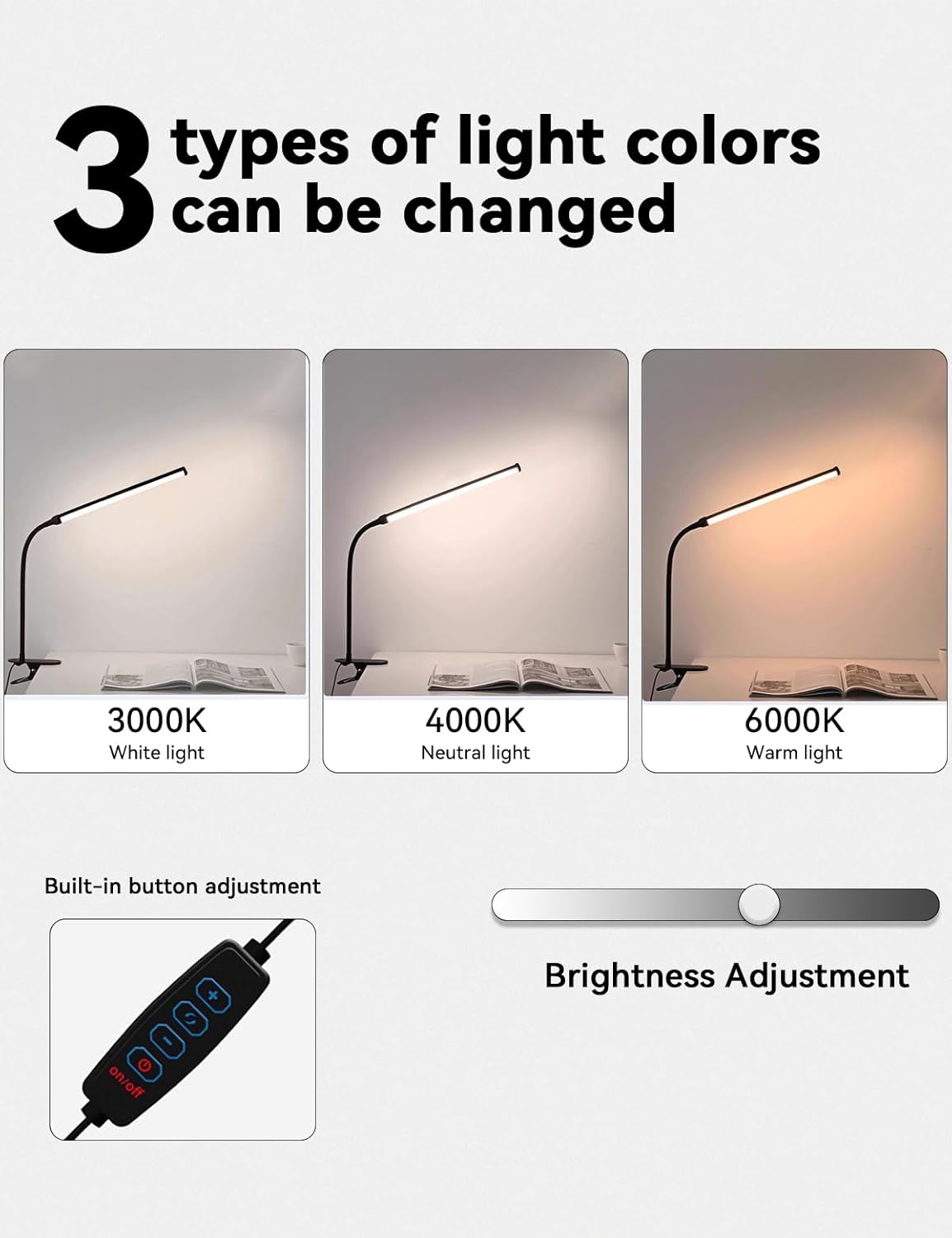 2 Pack LED Desk Lamp with Clamp,Eye-Caring Clip on Lights for Home Office Study Reading,3 Modes 10 Brightness,Long Flexible Goose-Neck,Swing Arm Architect Task Table Lamps with USB Adapter