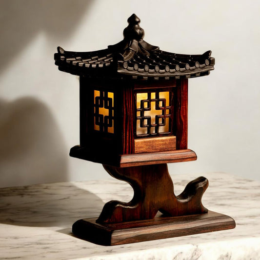Traditional Korean Wood Lamp | Handmade Asian Oriental Table Lantern | Bedside Bedroom Accent Light | Unique Gift Idea | Pagoda Design (Brown) (Rock Temple)