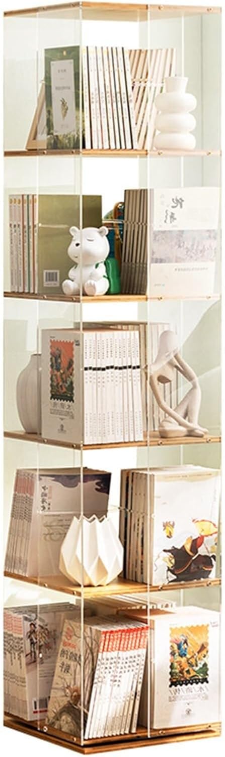 360° Rotating Bookcase - Clear Acrylic & Bamboo Freestanding Storage for Bedroom, Living Room & Study - Stylish Floor Standing Organizer for Books & Decor