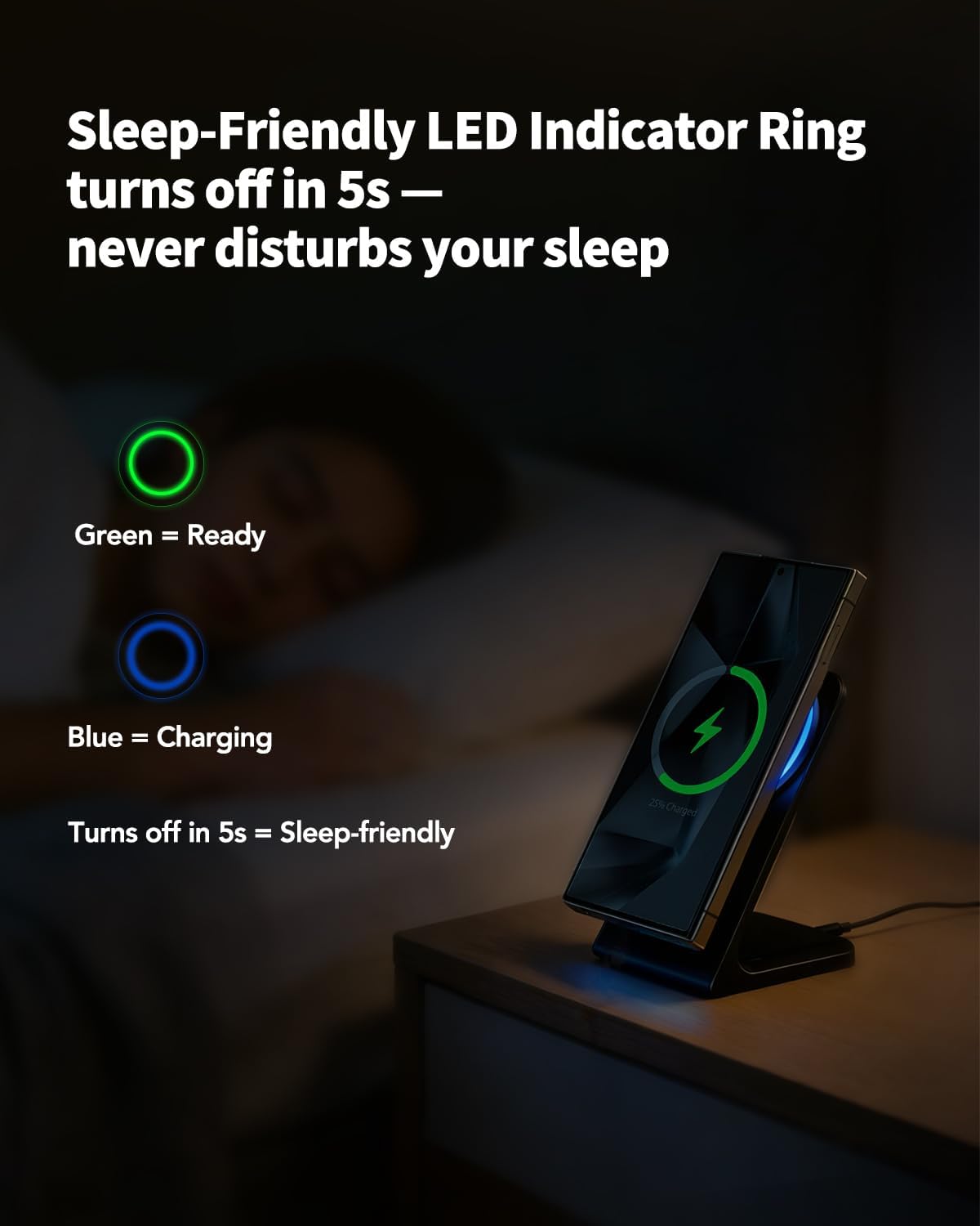 Universal MagSafe Charger Stand, Magnetic Wireless Charger for iPhone 17-12 Samsung Galaxy S26-S21 Google Pixel 10-6, with C to C Cable and Sleep-Friendly LED Indicator Ring (Onyx Black, No Adapter)