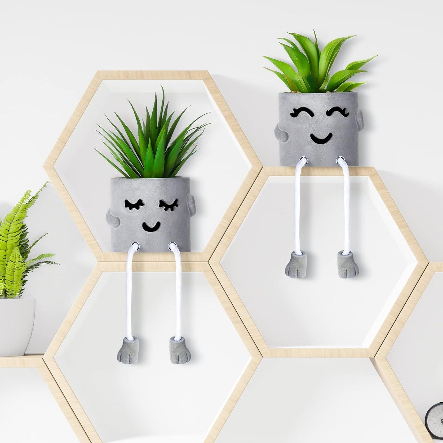 Artificial Potted Plant Faux Succulent Plant Cubicle Decor Cute Fake Desktop Plant Hanging Leg Cement Potted Decor for Bookshelf Bedroom Living Room Office Decor (Simple Style,2 Pcs)