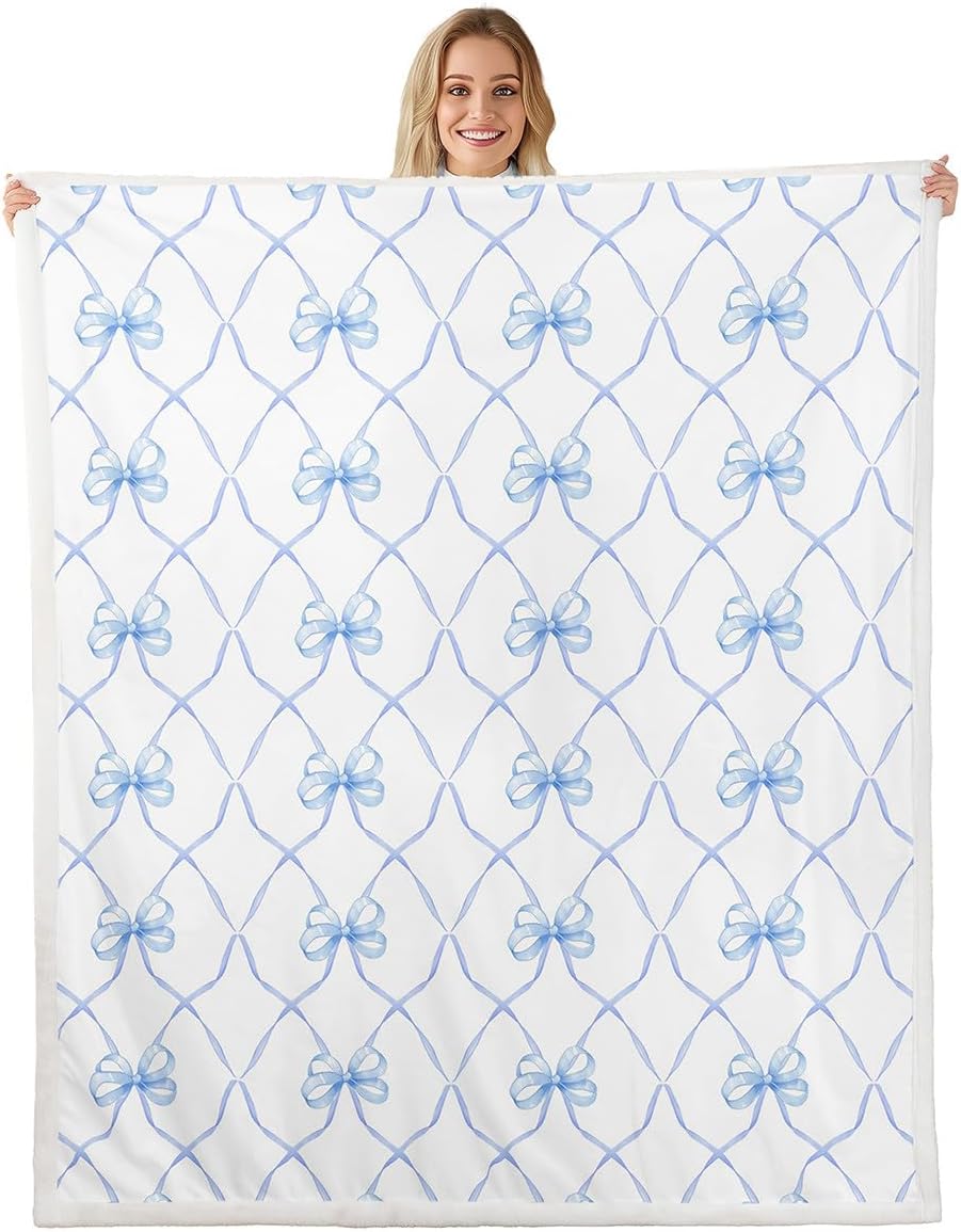 Erosebridal Bowknot Blanket Throw 50"x60" Bow Knot Throw Blanket for Kids Butterfly Knot Bow Tie Fleece Blanket Aesthetic Coquette Bedroom Decor Geometric Cartoon Blue Sherpa Blanket