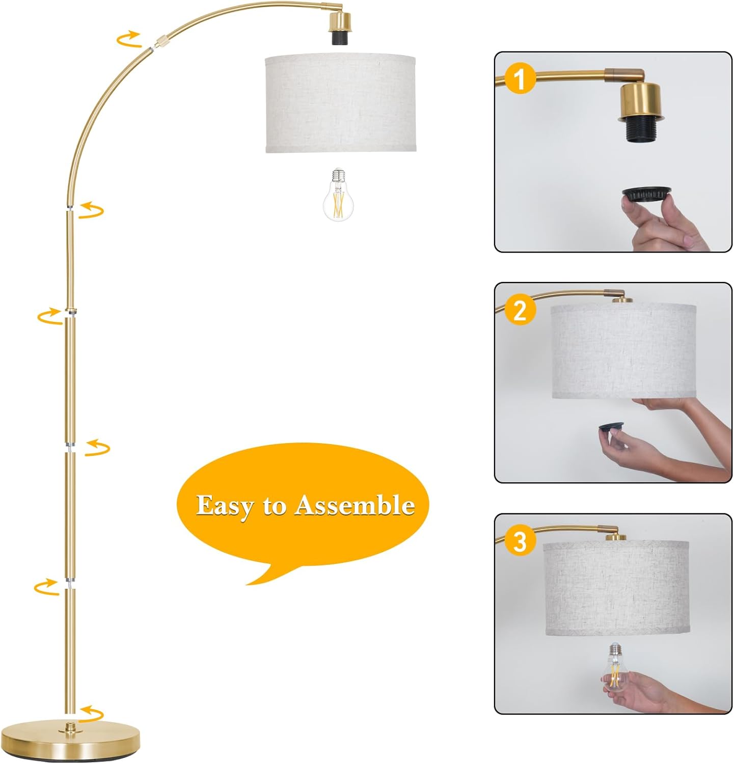Gold Arc Floor Lamp for Living Room, Floor Lamp with Adjustable Drum Lampshade, Modern Tall Standing Lamp with Foot Switch, Over Couch Arched Pole Lamps for Reading Bedroom, 8W LED Bulb Included