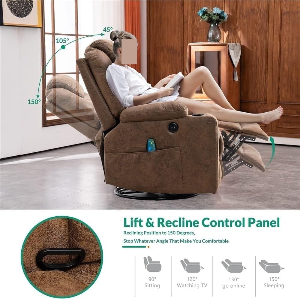 Brown Electric Recliner Chair for Adults & Seniors with Heated Massage, Swivel Glider, Ergonomic Oversized Home Theater Sofa, USB Ports, Cup Holders, and Comfortable Living Room Seat