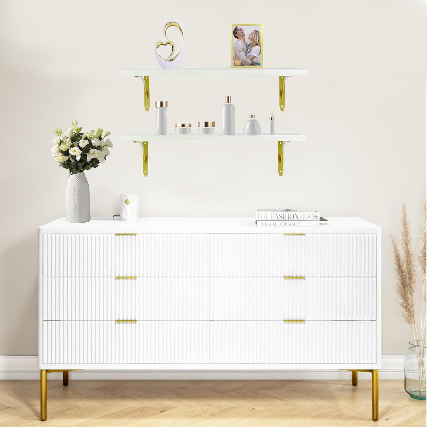 White and Gold Shelves for Wall 23 in - 0.71in Thick Engineered Wood with Solid Pine Core,Heavy Duty Water-Resistant White Gold Wall Shelf for Bathroom,Living Room Set of 2