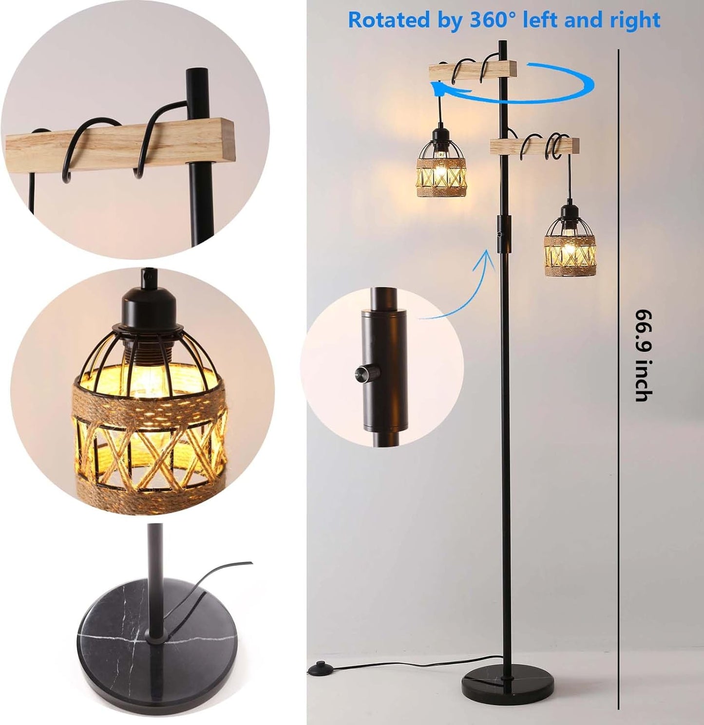 Dimmable Floor Lamp,Industrial Rustic Farmhouse Floor Lamp for Living Room Bedroom Office(Black)